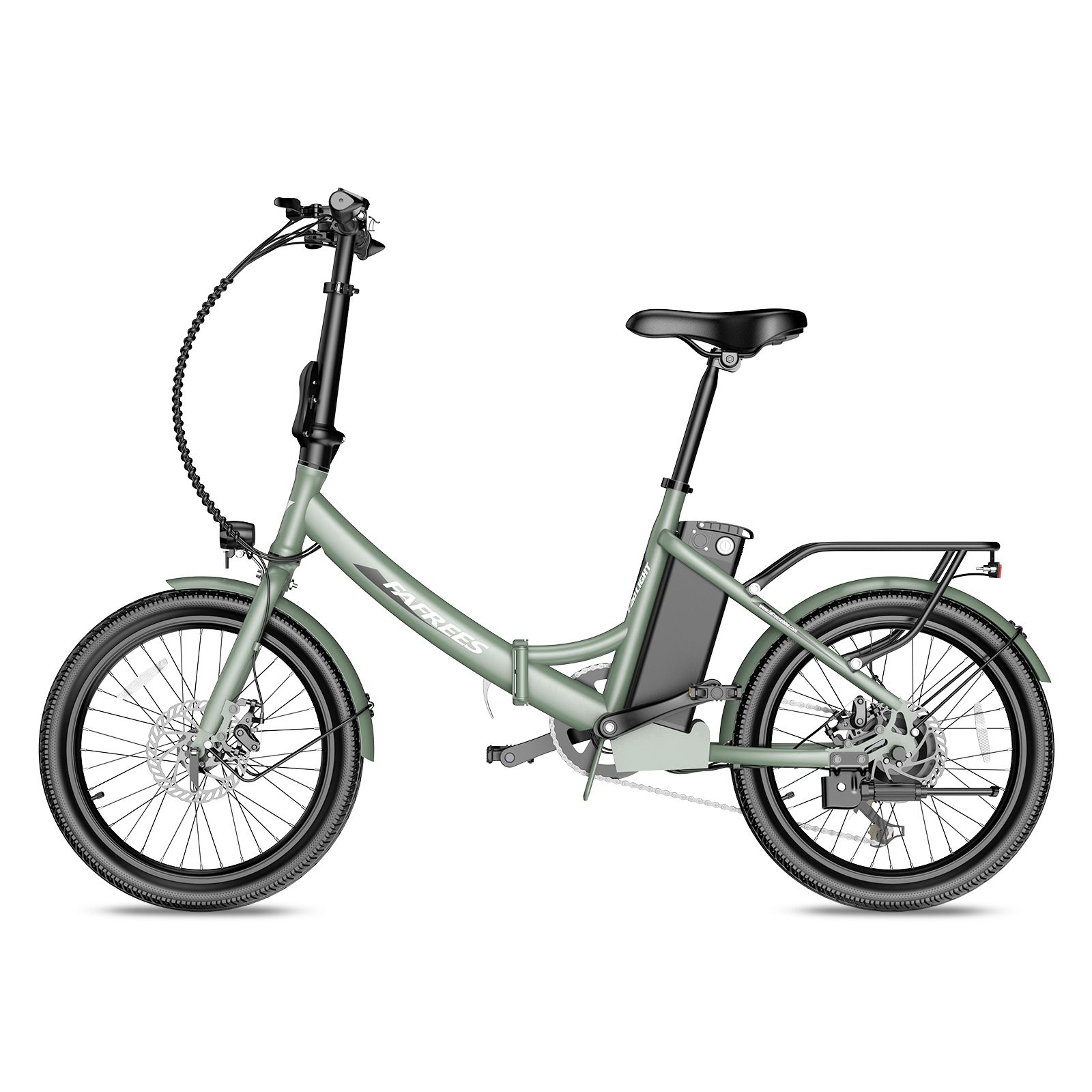 Hellgrünes Fafrees F20Light E-Bike. Klapprahmen, Gepäckträger, Schutzbleche. Schwarze Reifen und Sattel. Akku am Rahmen.
