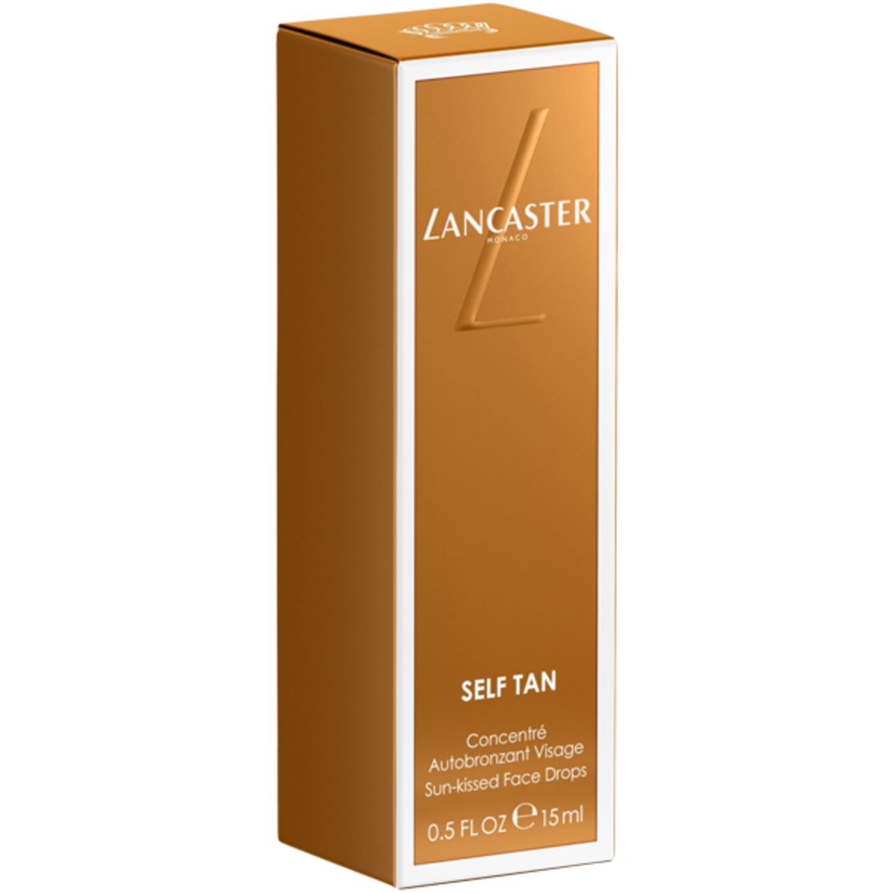 Braune Verpackung mit weißem Rahmen. Aufschrift: Lancaster, Self Tan, Sun-kissed Face Drops.