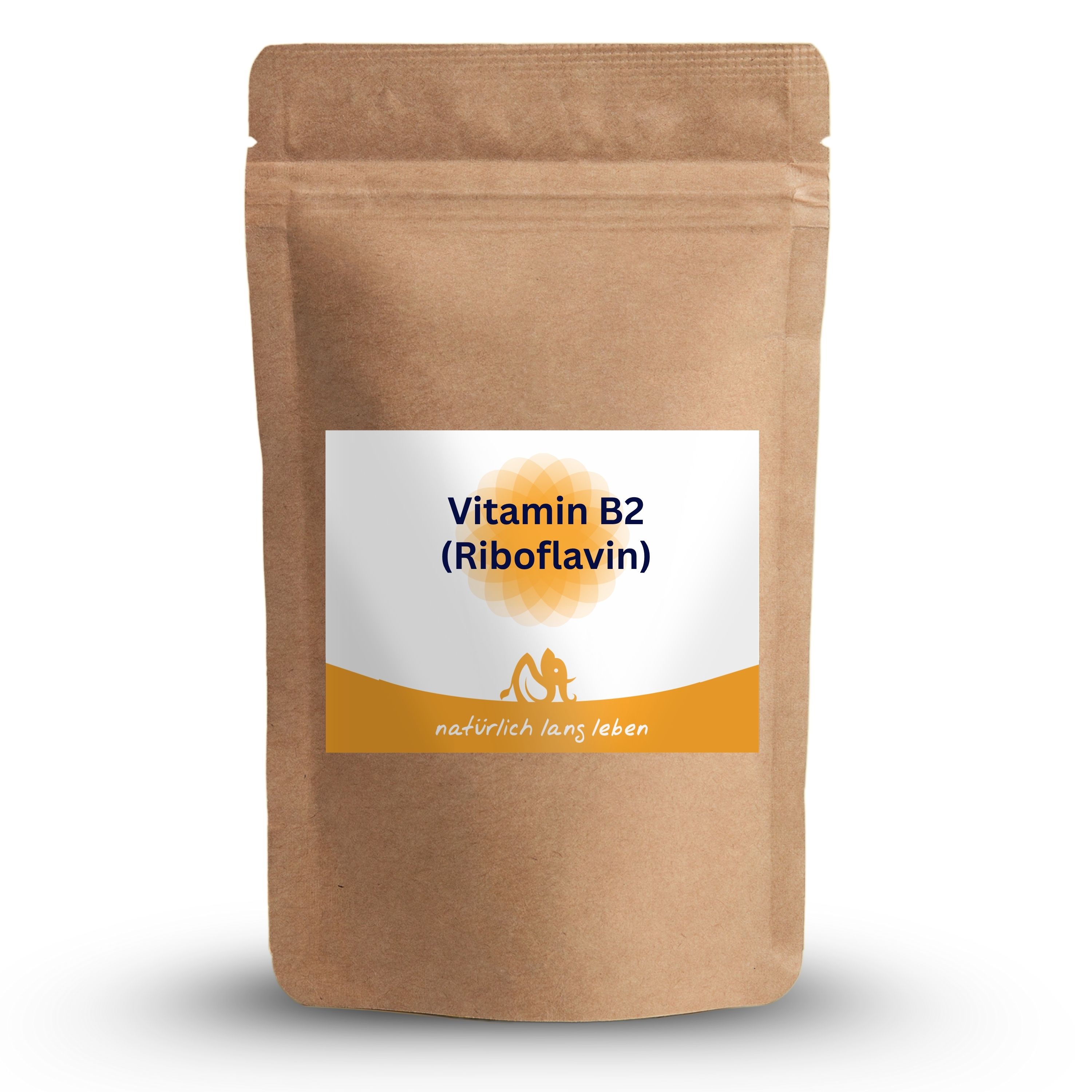 Braune Tüte mit Etikett. Aufschrift: Vitamin B2 (Riboflavin). Logo: natürlich lang leben. Produkt: Vitamin B2 Pulver.