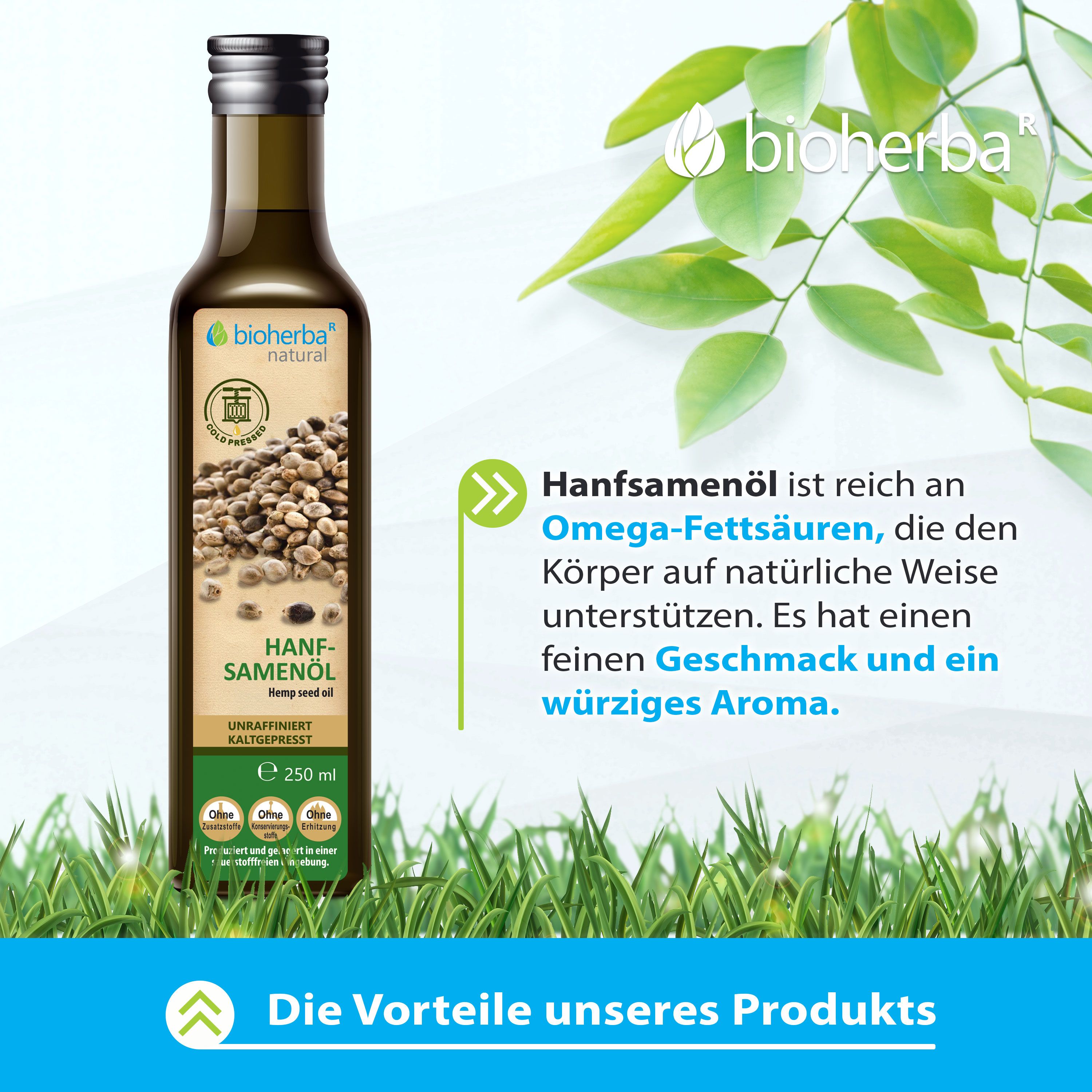 Hanfsamenöl-Flasche auf Gras. Text: Hanfsamenöl, kaltgepresst, 250 ml. Logo: Bioherba natural. Text: Vorteile unseres Produkts. Grün und braun.
