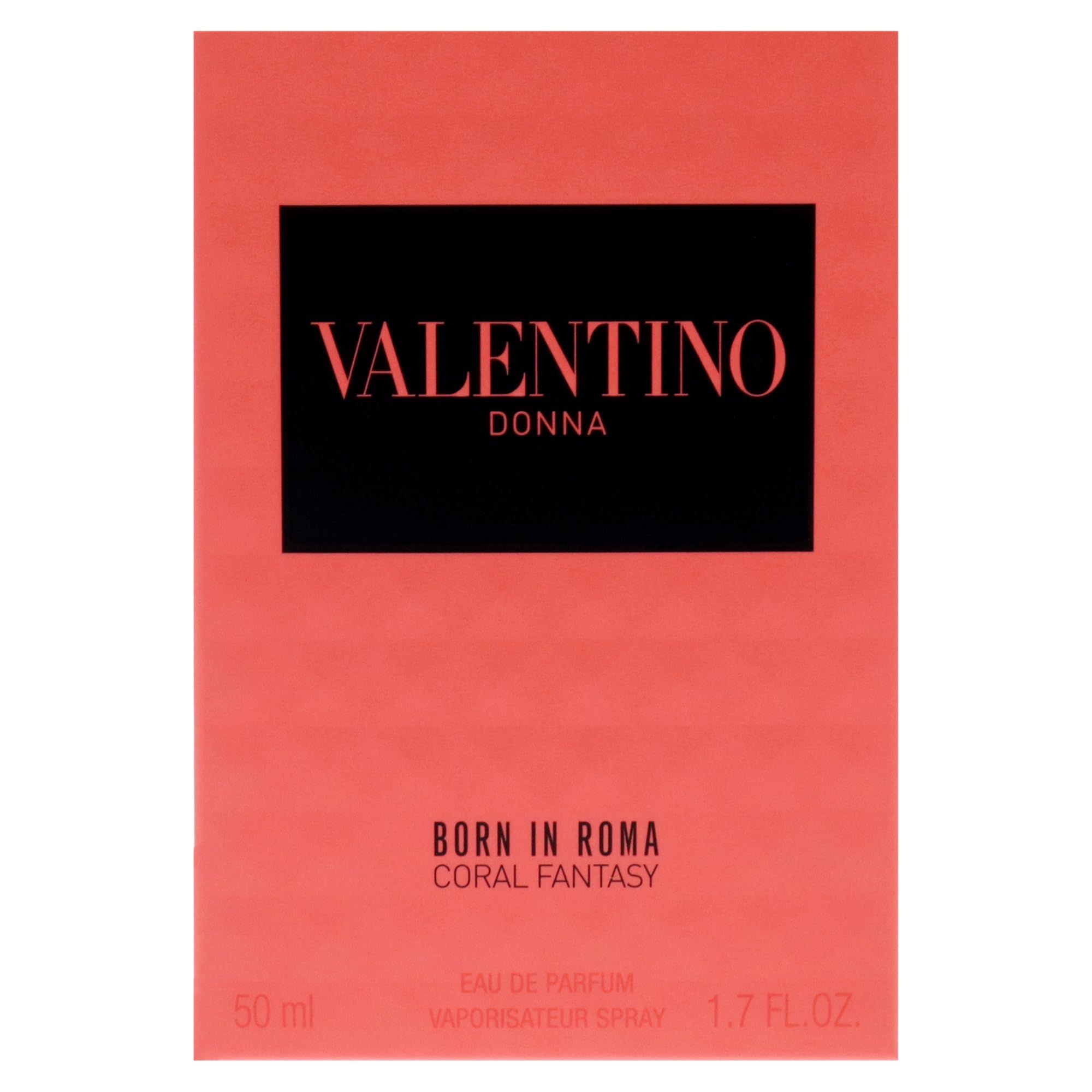Valentino Born in Roma Coral Fantasy Verpackung. Korallenfarbene Schachtel mit schwarzem Logo. Produktname und Details.