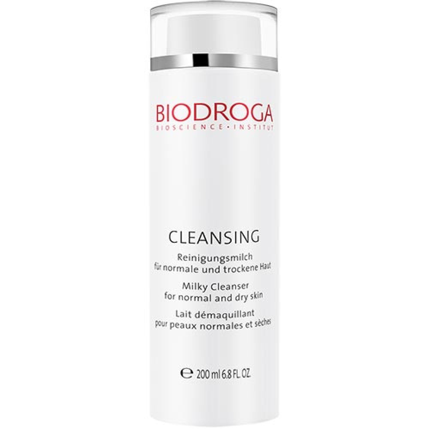 Weiße Flasche mit silbernem Deckel. Aufschrift: BIODROGA, CLEANSING, Reinigungsmilch für normale und trockene Haut. Milky Cleanser. Lait démaquillant.