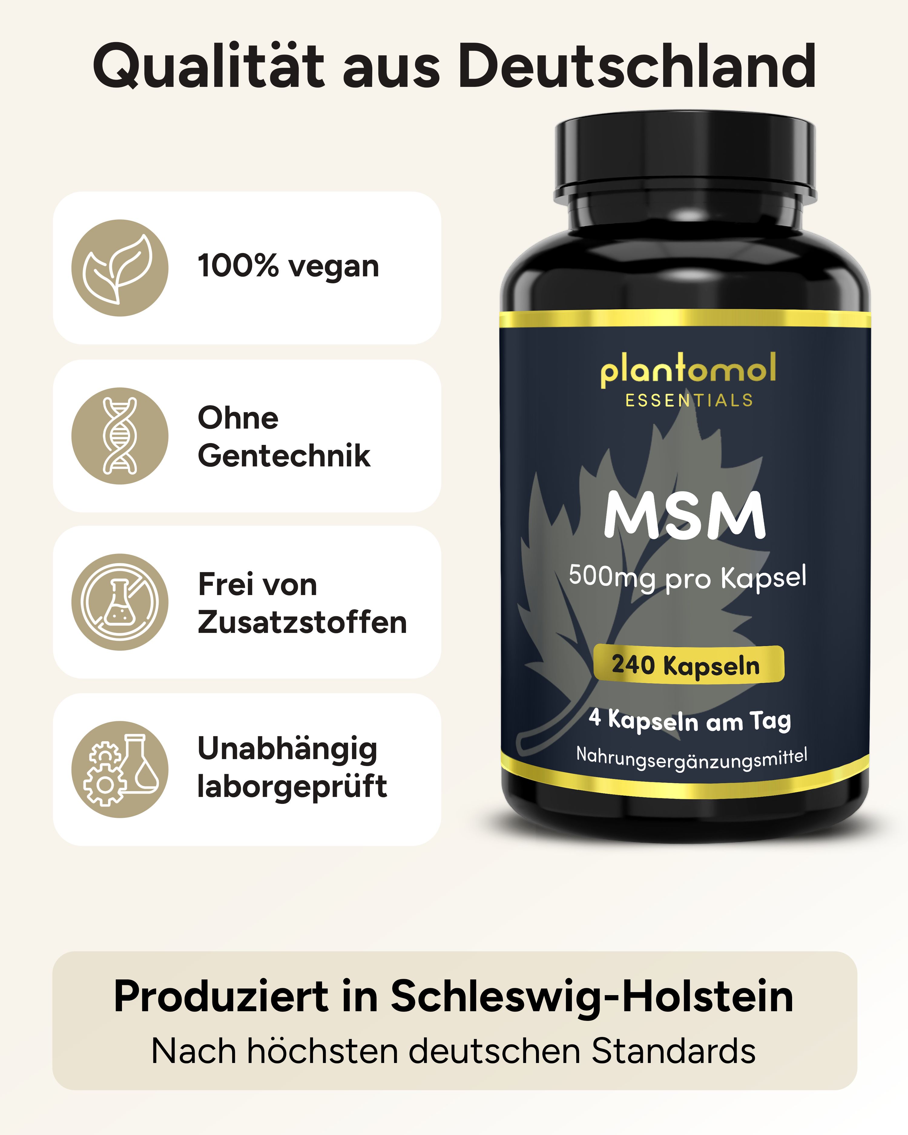 Produkt: plantomol® Essentials MSM Kapseln. 100% vegan, ohne Gentechnik, ohne Zusatzstoffe. 240 Kapseln. Qualität aus Deutschland.