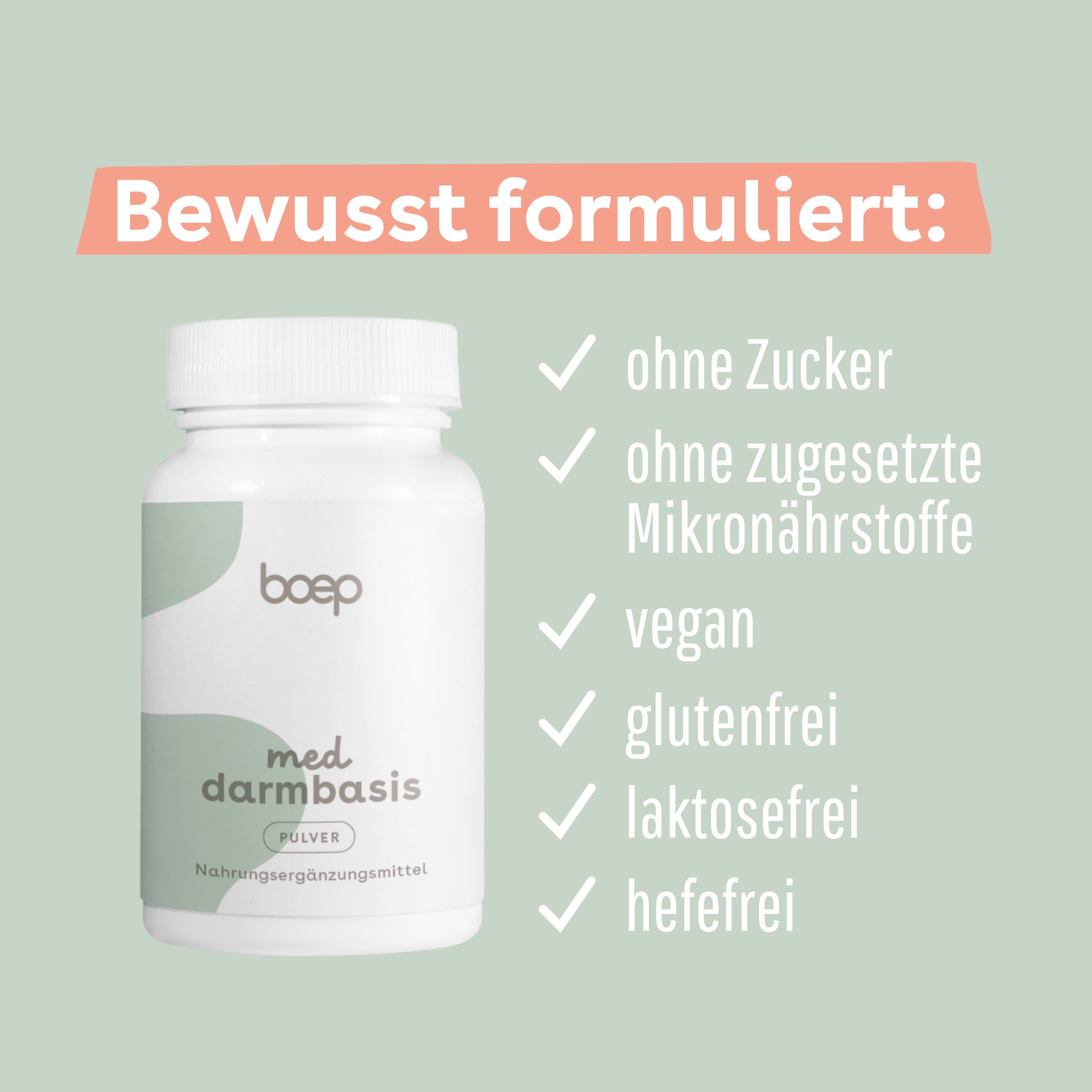 boep Med Darmbasis Dose mit Liste: "ohne Zucker", "vegan", "glutenfrei", "laktosefrei", "hefefrei".