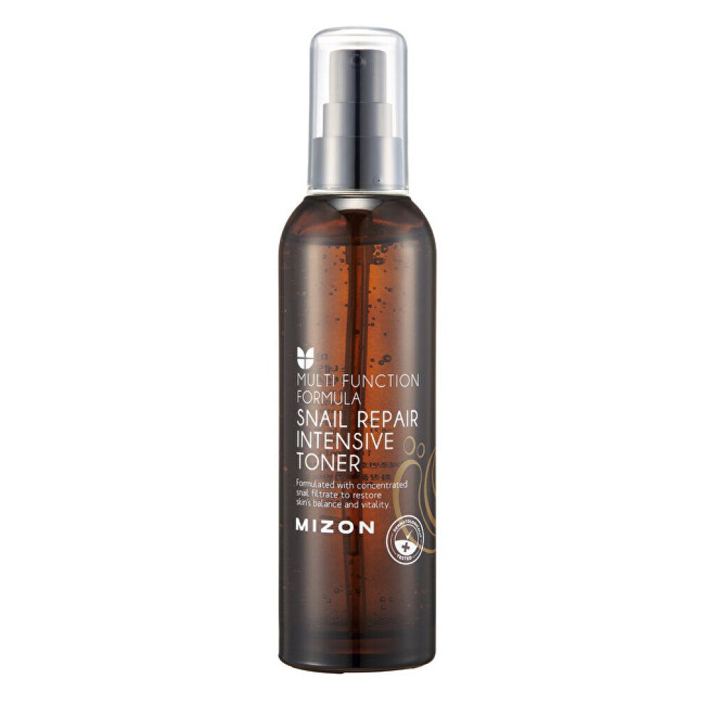 Braune Flasche mit Sprühkopf. Aufschrift: Multi Function Formula, Snail Repair Intensive Toner. Marke: MIZON. Mit Qualitätszeichen.
