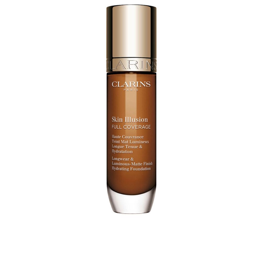 Foundation-Flakon mit goldfarbenem Deckel. Aufschrift: Skin Illusion Full Coverage. Lange Haltbarkeit, mattes Finish.