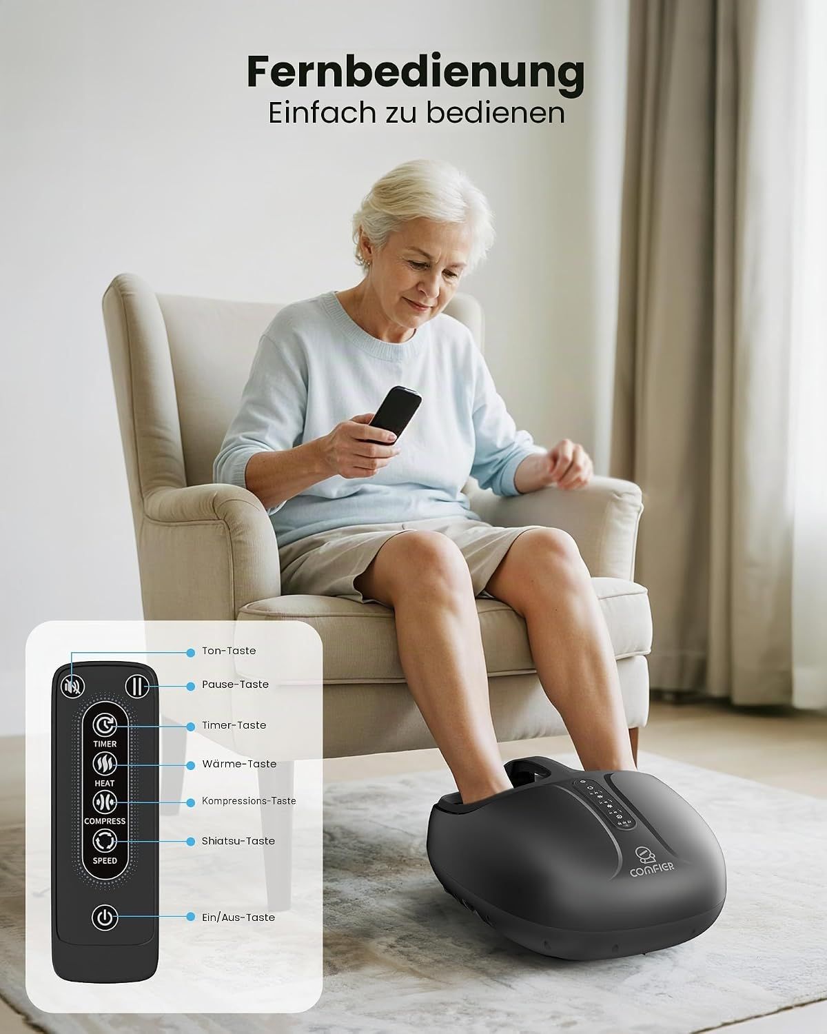 Frau benutzt Fußmassagegerät mit Fernbedienung.