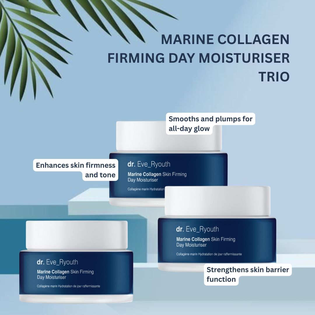 Drei Tiegel Dr. Eve_Ryouth Marine Collagen Straffende Tagescreme. Blaue Behälter, weiße Deckel. Text auf blauem Hintergrund.