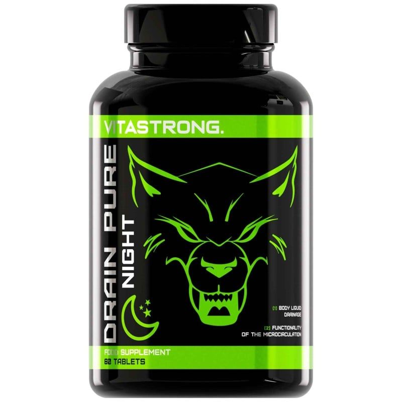 Vitastrong Drainpure Night. Schwarze Flasche mit grünem Etikett. 60 Tabletten. Wolf-Logo.
