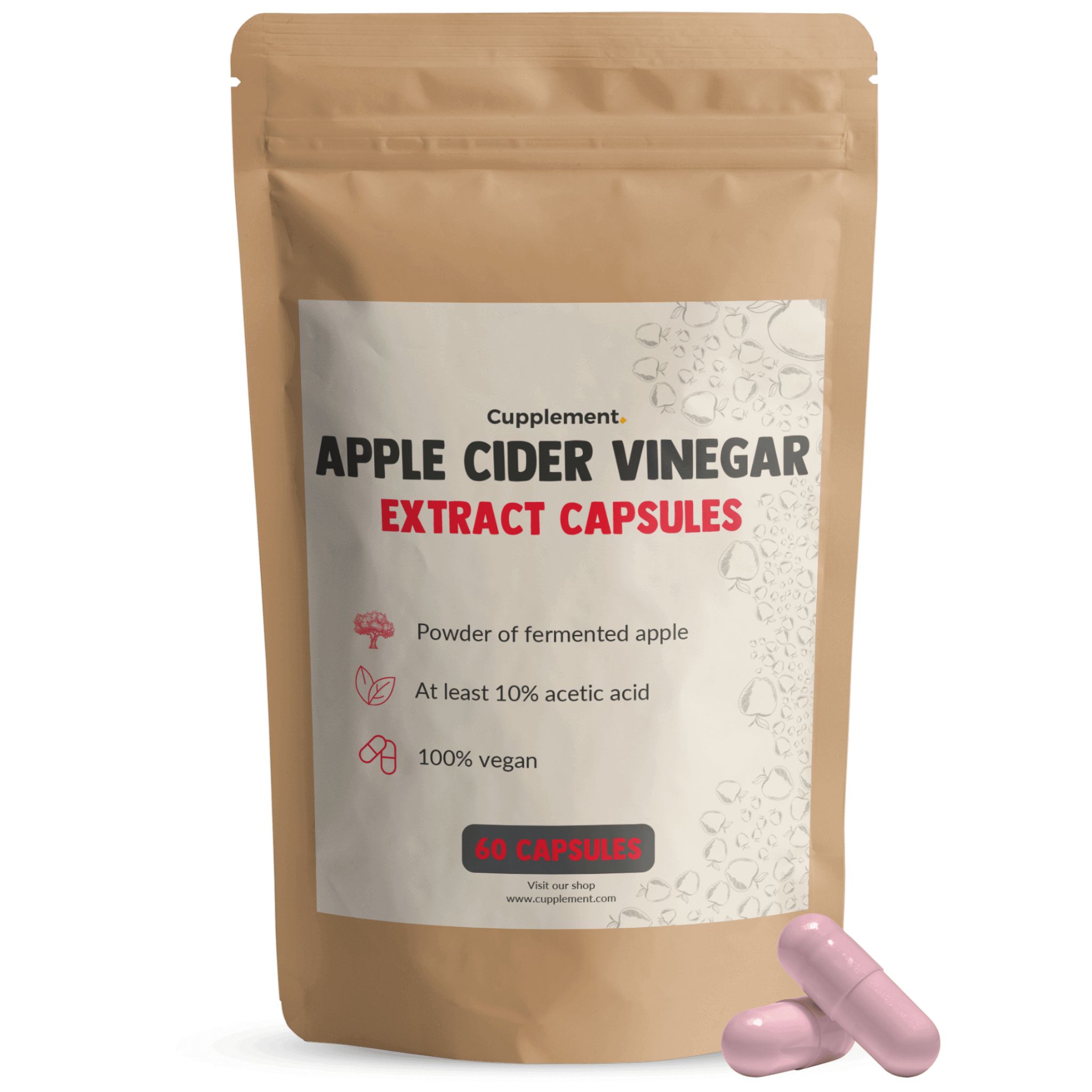 Beutel mit Kapseln. Aufschrift: Apple Cider Vinegar Extract Capsules. 100% vegan. Zwei Kapseln liegen daneben.