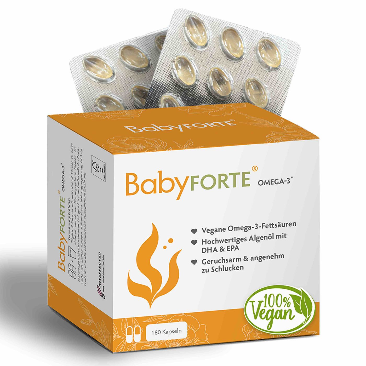 BabyFORTE Omega-3-Kapseln in Blistern und Karton. 100% vegan, mit DHA & EPA. 180 Kapseln.