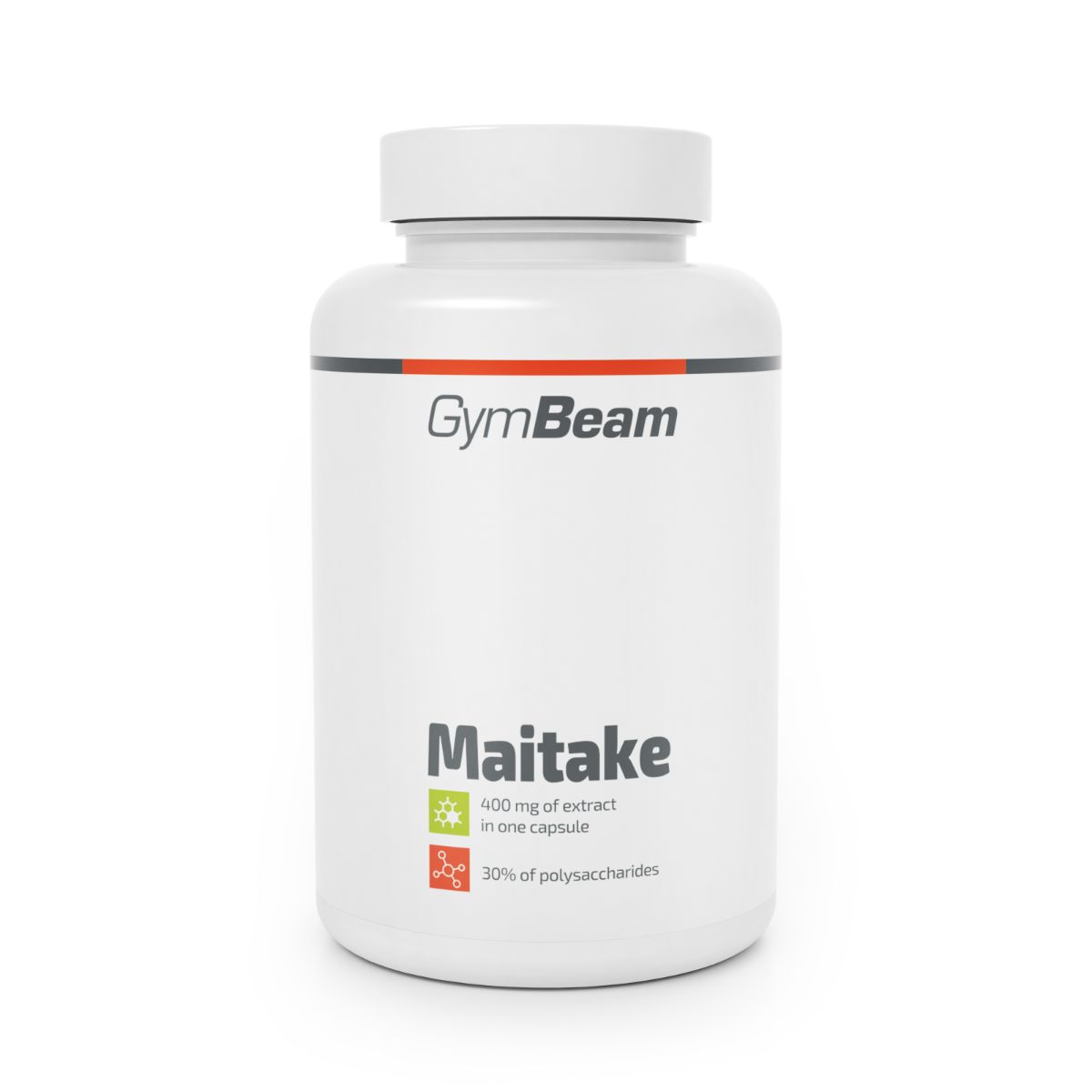 GymBeam Maitake Pilzextrakt Kapselbehälter mit Etikett, das 400 mg Extrakt und 30% Polysaccharide angibt.