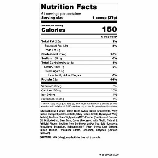 Nährwertangaben für Whey-Proteinpulver. 150 Kalorien pro Portion. Enthält 22g Protein. Zutatenliste und Allergiehinweise.