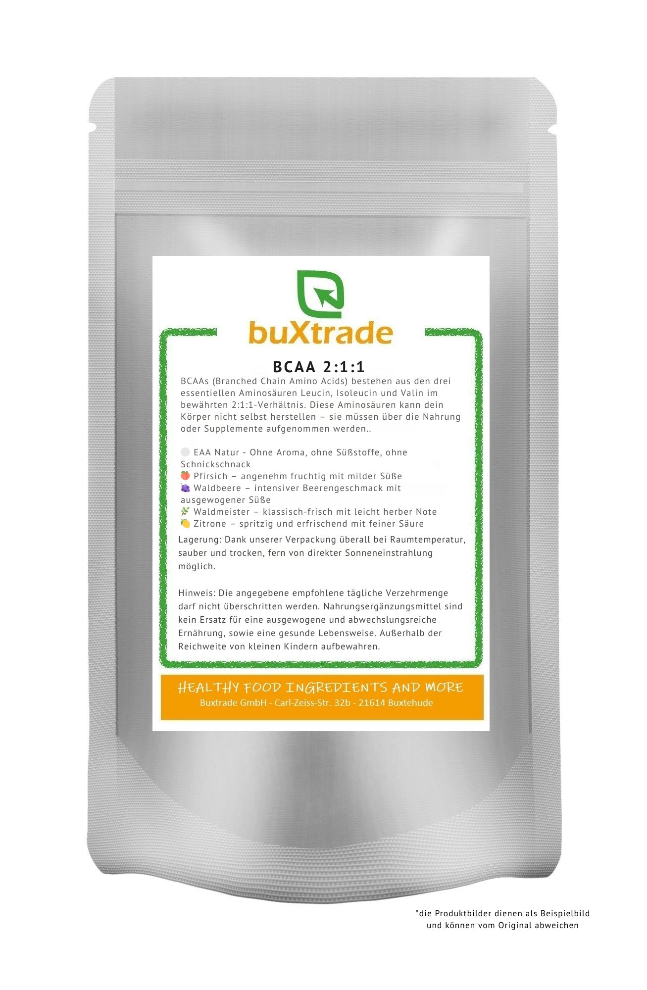 Beutel mit BCAA 2:1:1. Aufdruck mit Produktinformationen und Logo. Text in Grün und Orange. Marke: buXtrade.