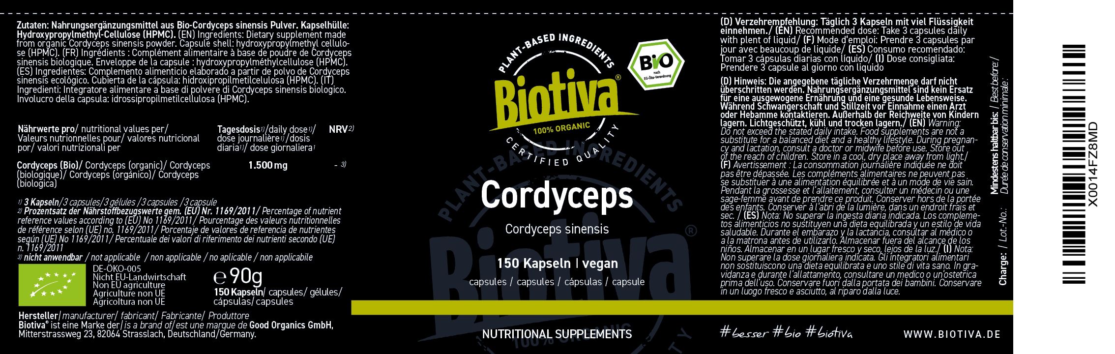 Etikett mit Text: Biotiva, Cordyceps, 150 Kapseln, vegan. Bio-Zertifizierung. Weitere Informationen und Nährwertangaben.