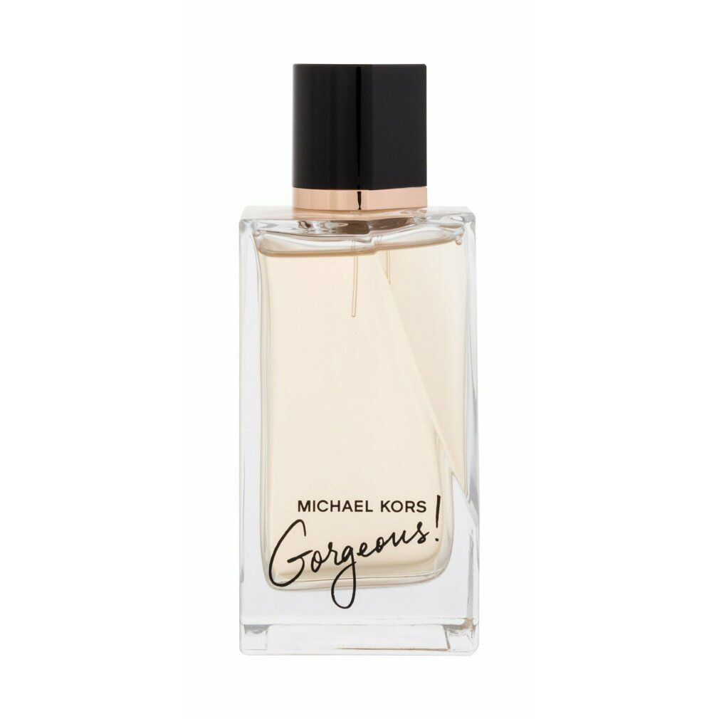 Michael Kors Gorgeous Eau de Parfum Flakon mit schwarzem Verschluss und goldenem Ring.