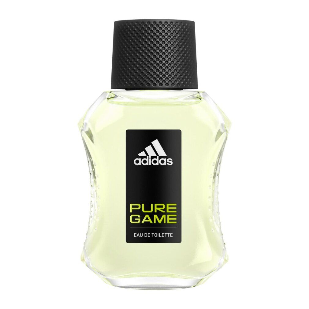 Adidas Pure Game Eau de Toilette Flakon. Schwarzer Deckel, weißes Logo auf schwarzem Etikett. Klarer Flakon mit gelblicher Flüssigkeit.