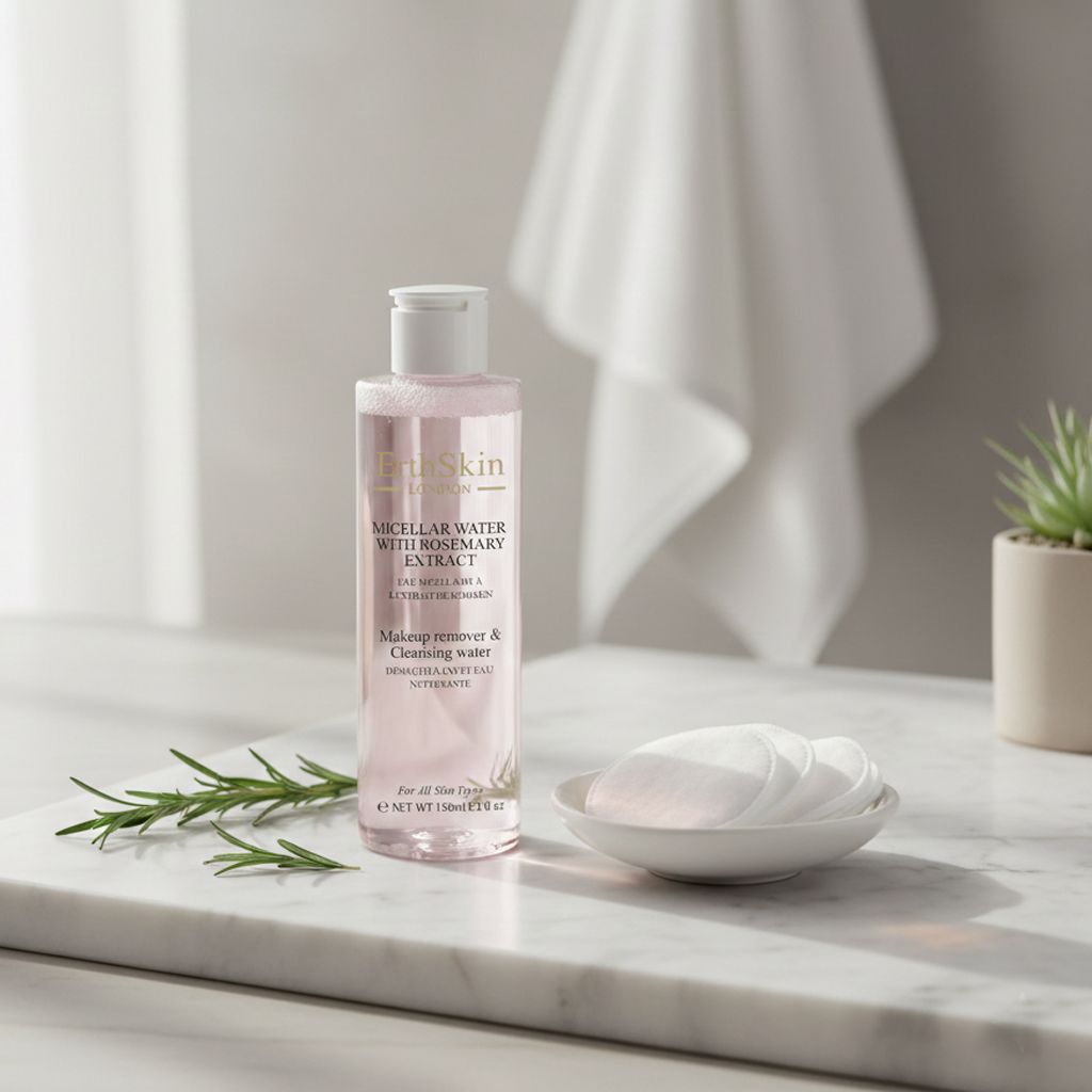 ErthSkin London Mikrozellwasser mit Rosmarinextrakt auf Marmorplatte mit Wattepads und Rosmarinzweig.