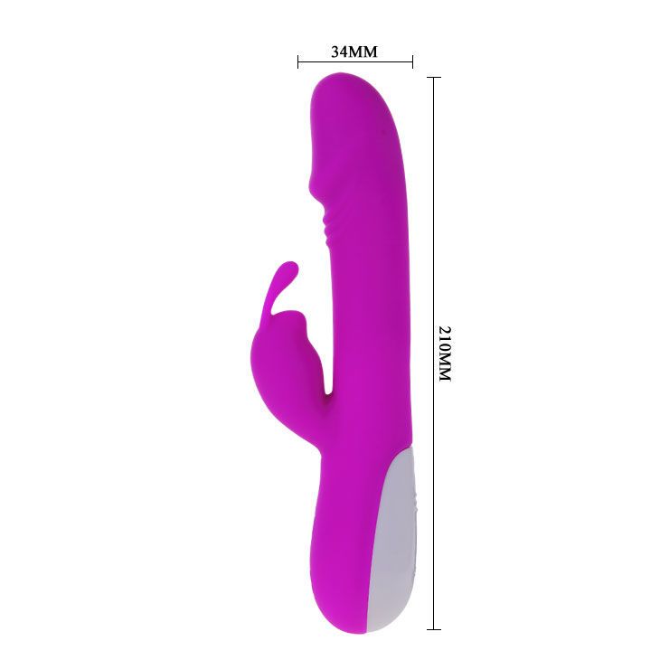 Lila Vibrator mit Klitoris-Stimulator. Maße: 210mm x 34mm. Weißer Akzent am unteren Ende.