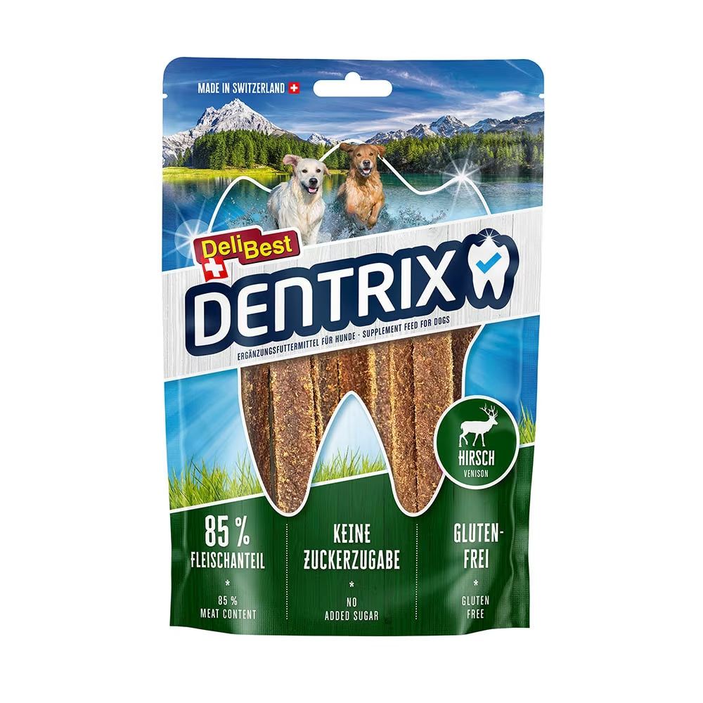 Verpackung von DeliBest DENTRIX Hirsch. Enthält 85% Fleischanteil, ohne Zuckerzusatz, glutenfrei. Abgebildet sind Hunde und ein Hirsch.