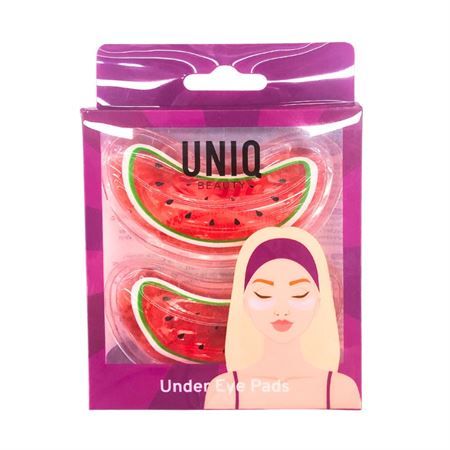 Verpackung mit zwei kühlenden Augenmasken in Wassermelonenform. Marke UNIQ. Aufdruck: Under Eye Pads. Lila-pinke Verpackung.