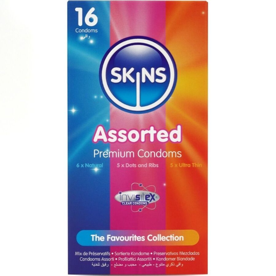 Verpackung mit 16 Kondomen. Aufschrift: SKINS Assorted Premium Condoms. 6x Natural, 5x Dots and Ribs, 5x Ultra Thin. Invisilex.