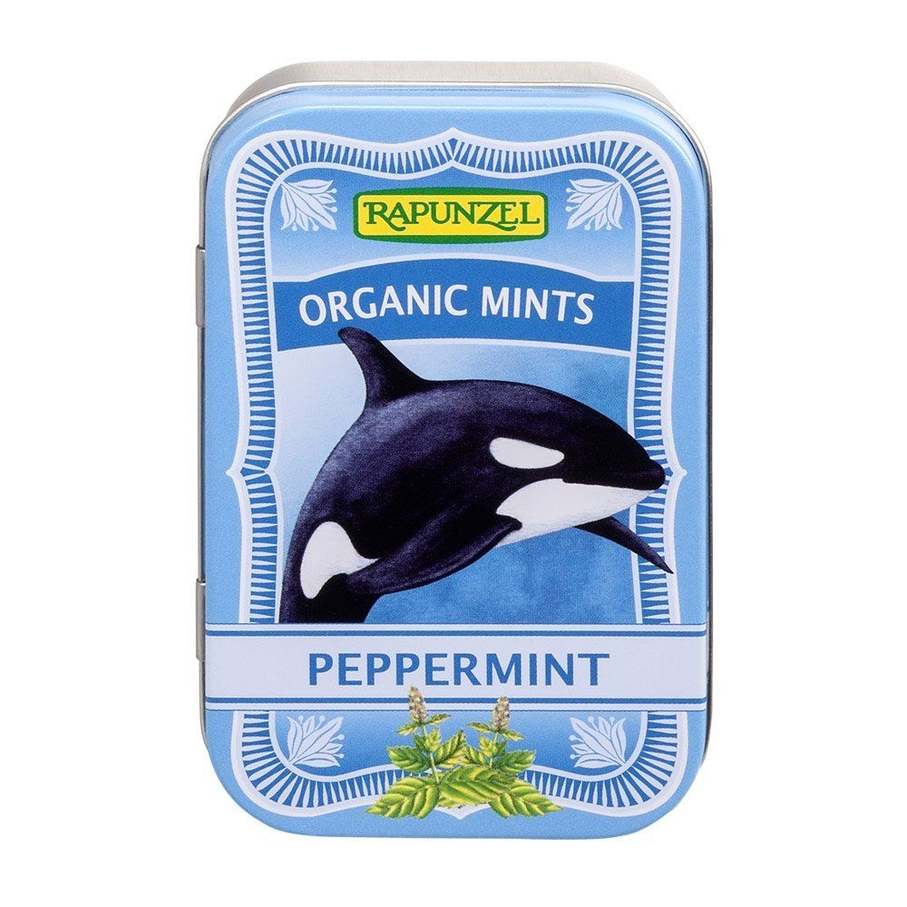 Rapunzel Bio-Minzbonbons mit Orca-Motiv, Pfefferminzgeschmack, in blauer Dose.