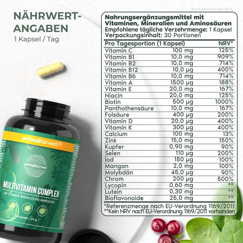 Nährwertangaben auf Etikett. Flasche Multivitamin Complex, gelbe Kapsel daneben. Text in deutscher Sprache.
