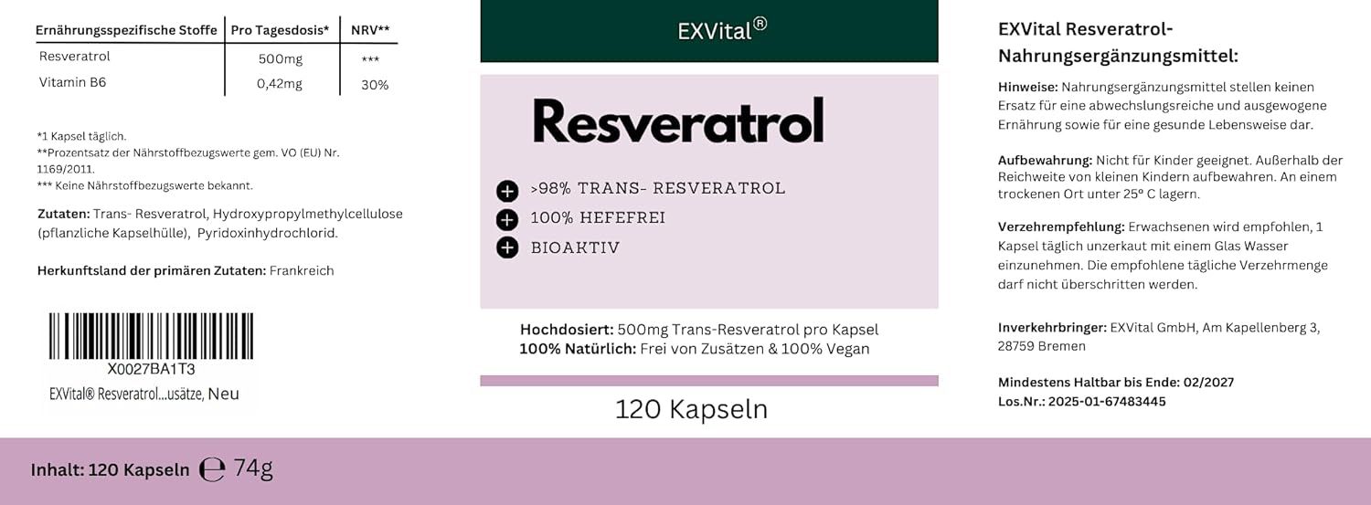 Etikett EXVital Resveratrol. 120 Kapseln. 500mg Trans-Resveratrol pro Kapsel. 100% Hefe frei.