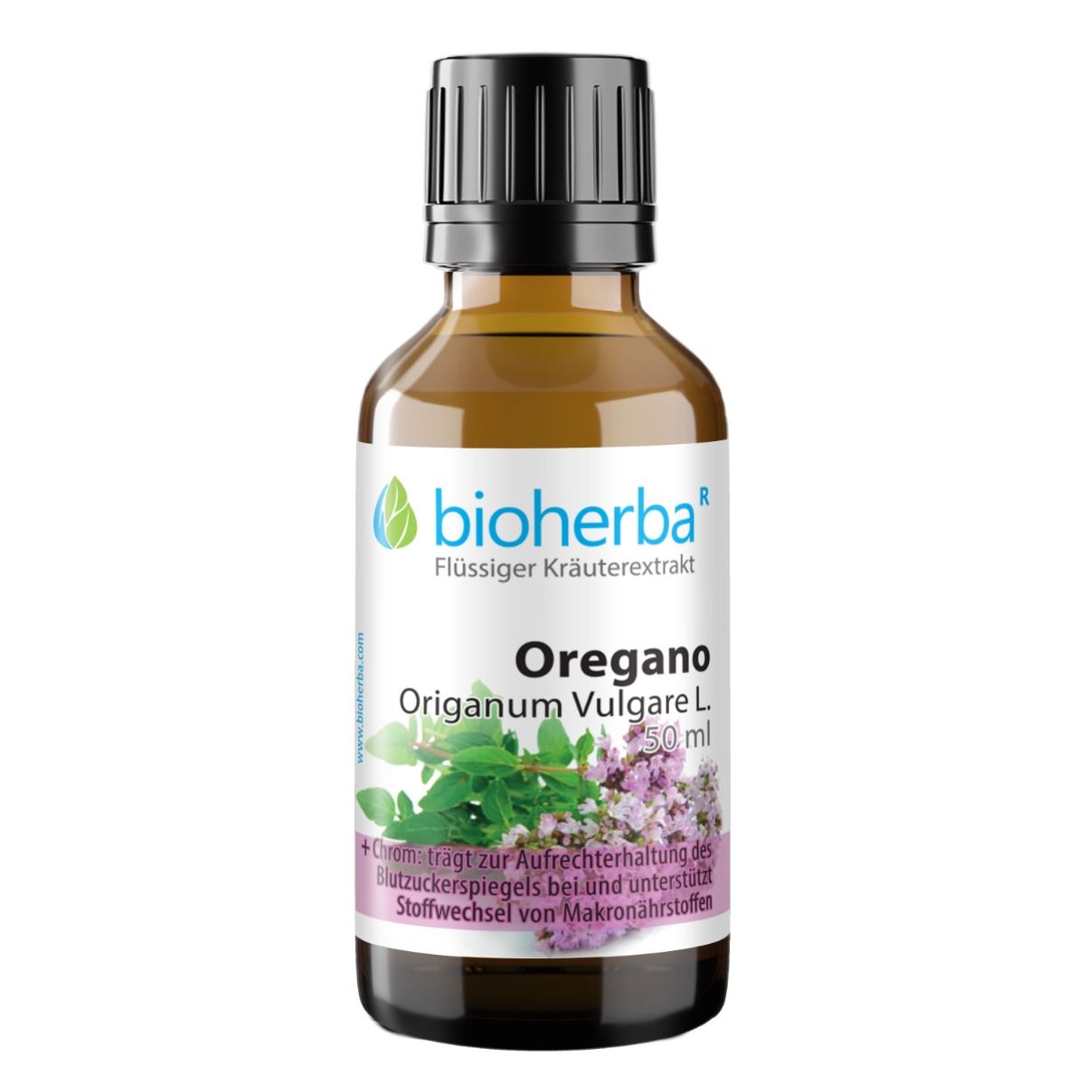 Braune Glasflasche mit schwarzem Deckel. Etikett mit Produktnamen, Pflanzenabbildung und Markenlogo.