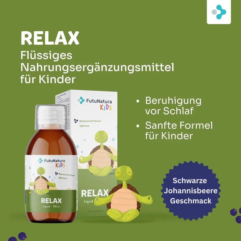 FutuNatura Kids Relax, Flasche und Verpackung. Produktname, Schildkröten-Illustration. Text: Beruhigung vor Schlaf, sanfte Formel.