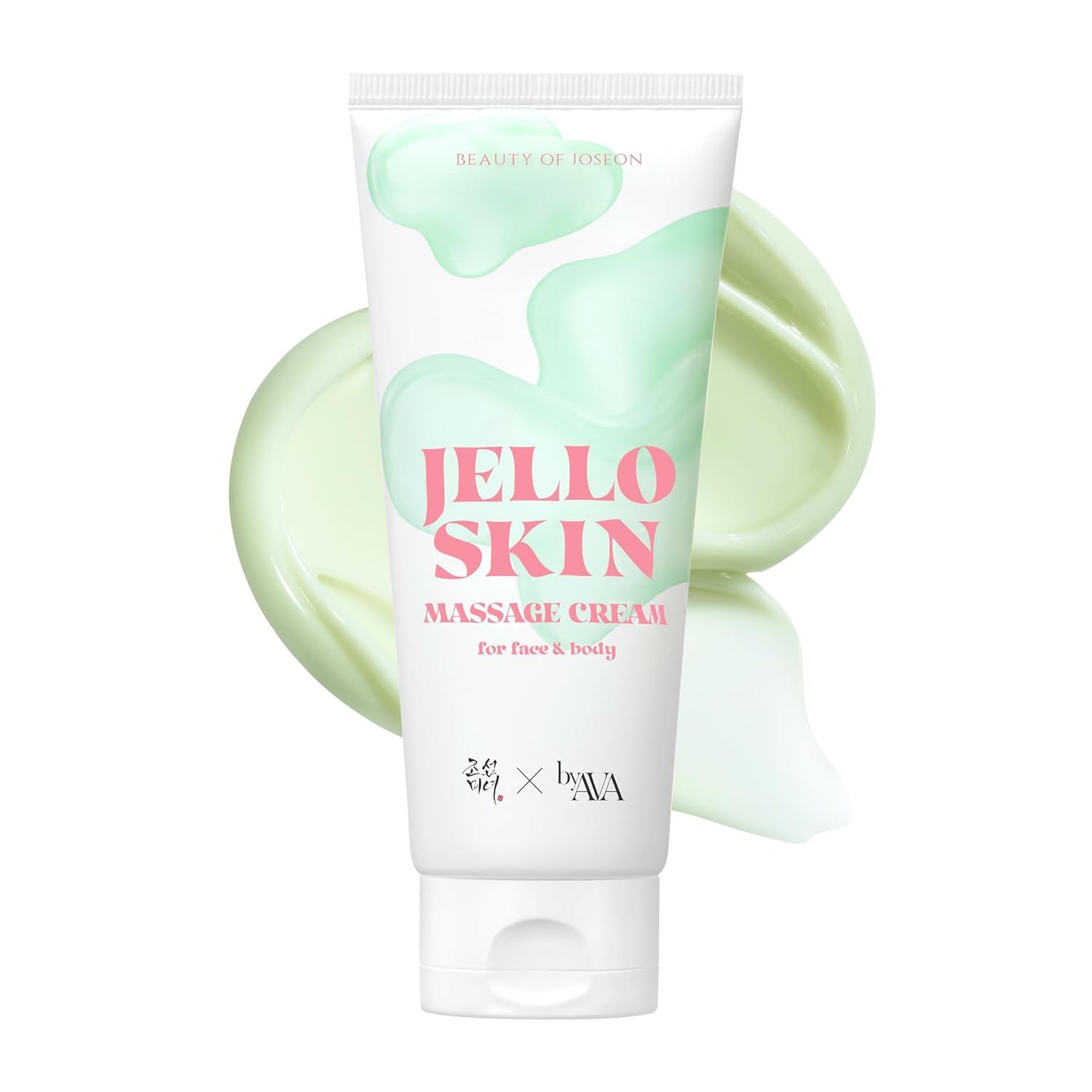 Weiße Tube mit Aufschrift „Jello Skin Massage Cream“. Grünliche Creme-Schlieren. Marke: BEAUTY OF JOSEON.