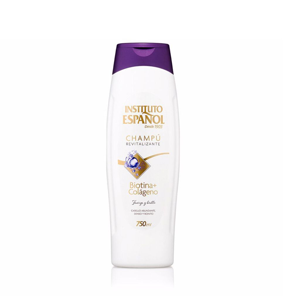 Weißes Shampoo mit lila Verschluss. Aufschrift: Instituto Español, Champú Revitalizante, Biotin + Colágeno. 750ml.