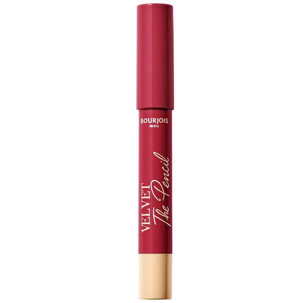 Ein roter Lippenstiftstift mit einem roten Deckel. Auf dem Stift steht 'VELVET The Pencil' und 'BOURJOIS PARIS'.