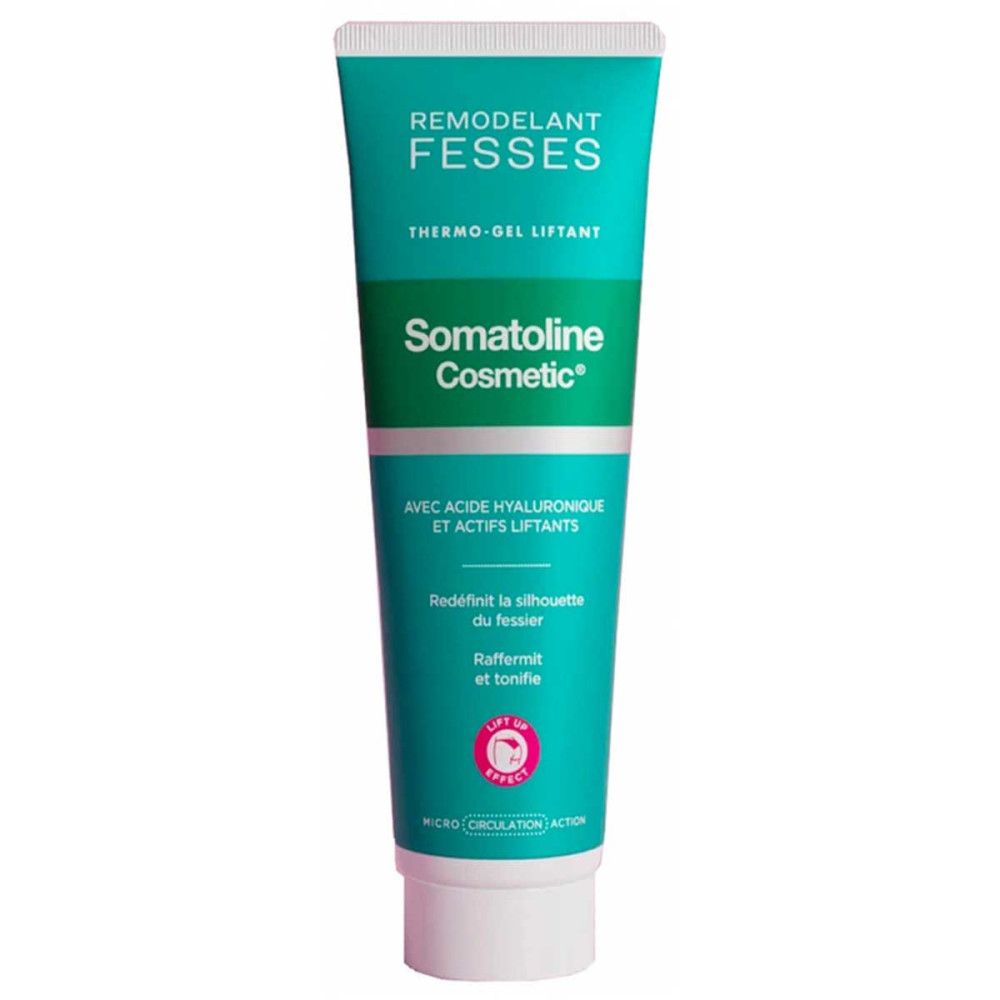 Somatoline Cosmetic Thermo-Gel Lifting für Gesäß mit Hyaluronsäure. Türkisfarbene Tube mit weißem Verschluss.