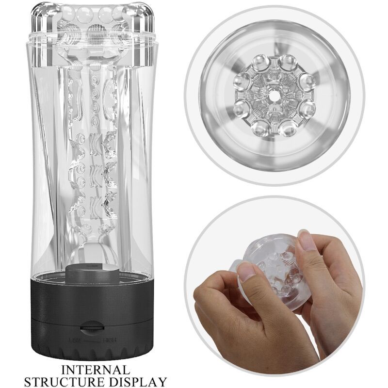 Zylindrisches Gerät mit transparentem Gehäuse und schwarzem Sockel. Innenstruktur sichtbar. Text: INTERNAL STRUCTURE DISPLAY.