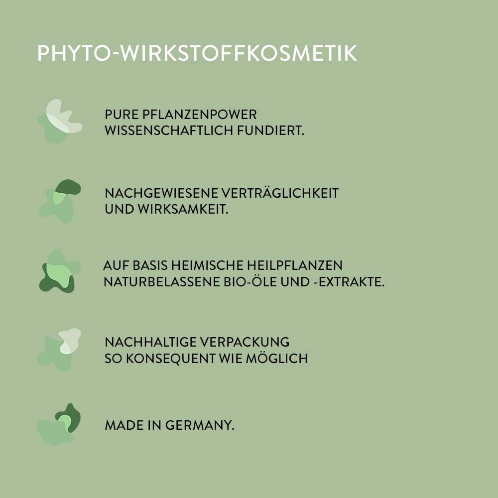 Grüner Hintergrund mit Text: Pure Pflanzenpower, nachgewiesene Verträglichkeit, auf Basis heimische Heilpflanzen, nachhaltige Verpackung, Made in Germany.