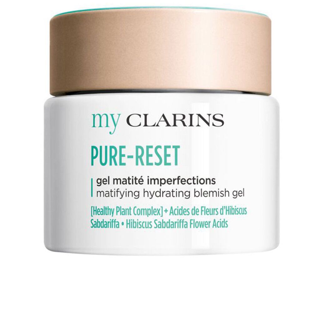 Weißer Tiegel mit beigem Deckel. Aufschrift: my CLARINS PURE-RESET, gel matité imperfections, matifying hydrating blemish gel.