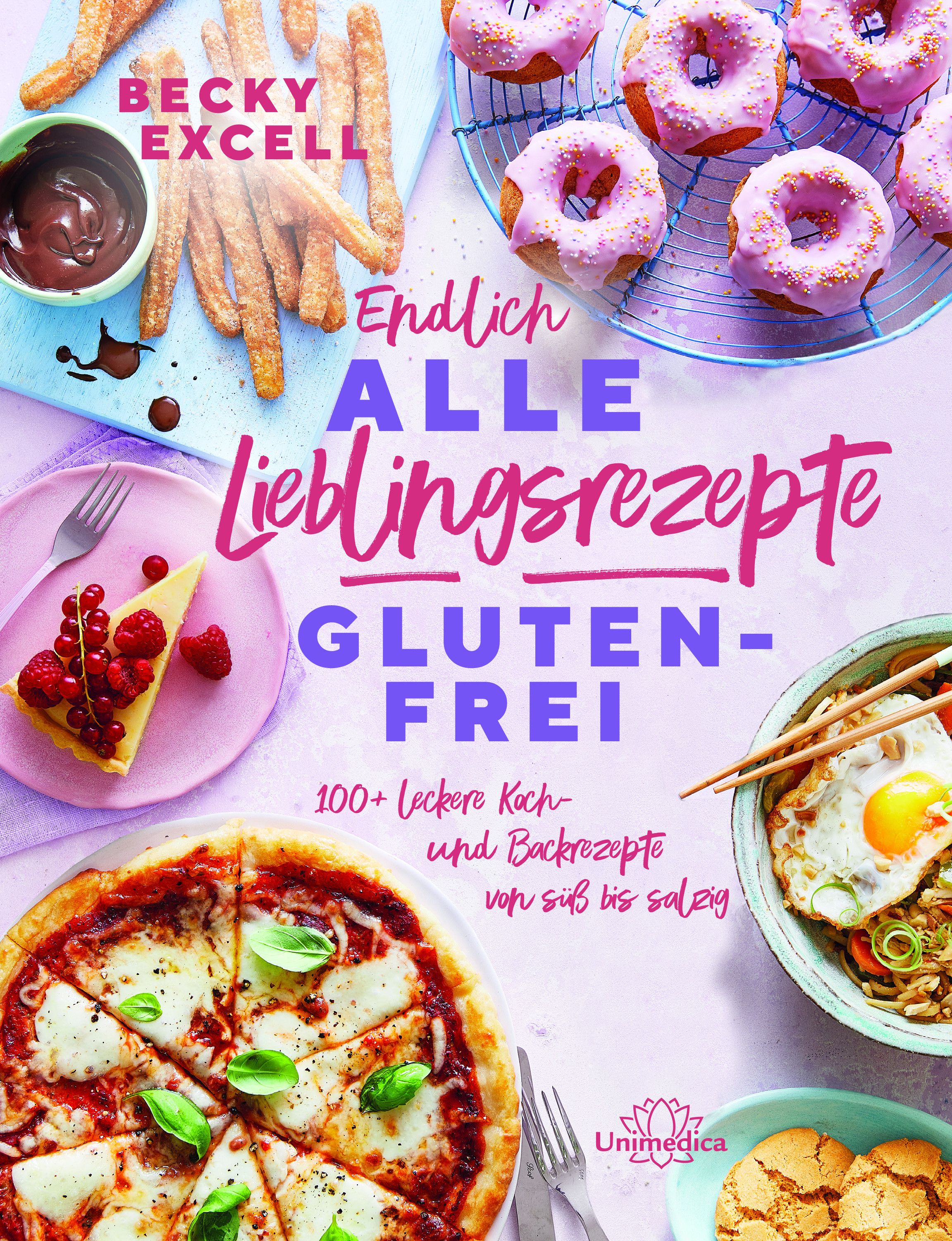 Buchcover mit dem Titel "Endlich ALLE Lieblingsrezepte GLUTENFREI". Es zeigt verschiedene Gerichte, darunter Pizza und Donuts.