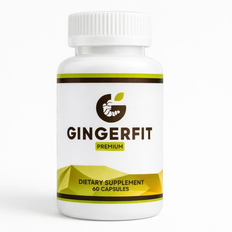 Weiße Flasche mit GINGERFIT-Logo und Schriftzug. Aufschrift: Dietary Supplement, 60 Capsules. Grüner Streifen und gelbes Premium-Label.