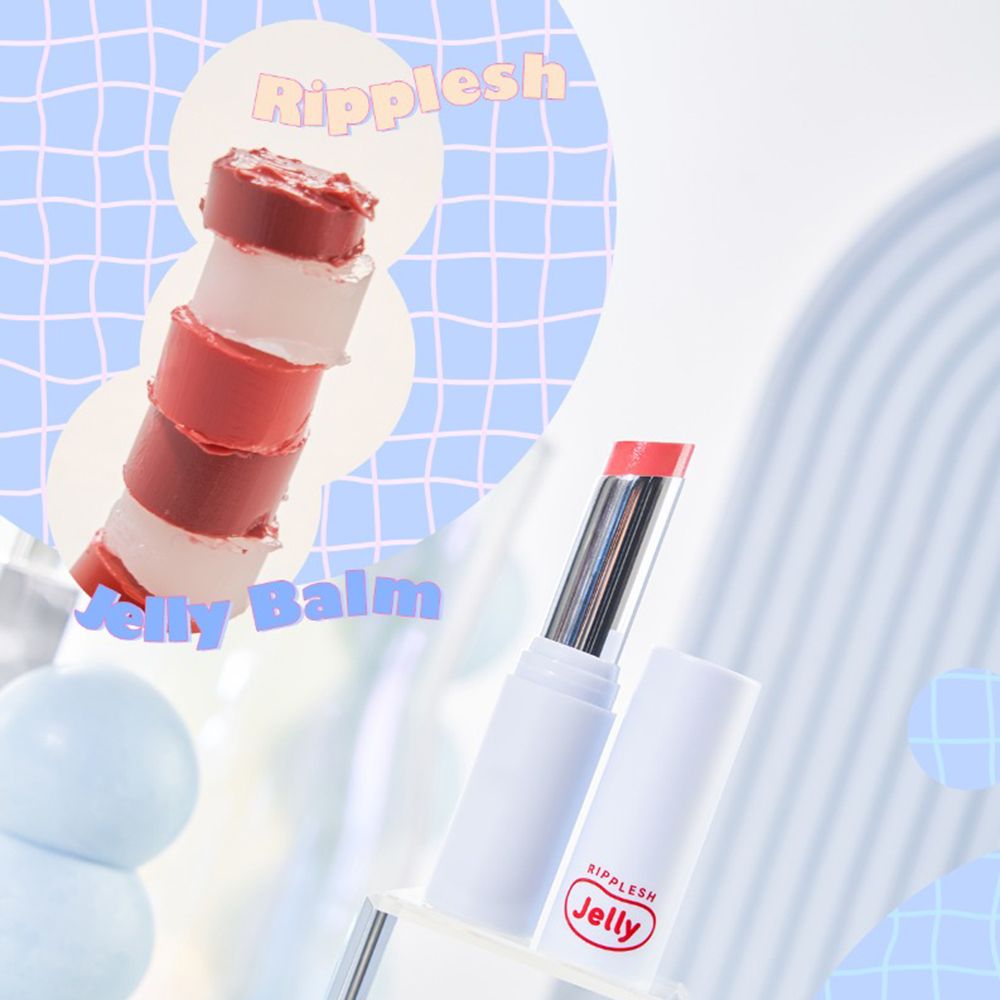 Lippenbalsam und gestapelte Geleestücke. Weißer Lippenbalsam mit rotem "Ripplesh Jelly"-Logo.