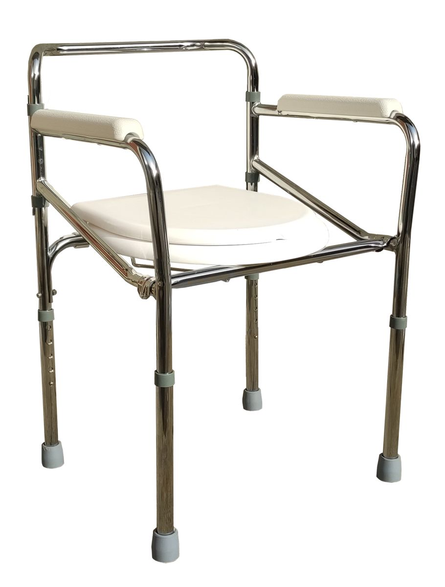 Toilettensitz mit Armlehnen, höhenverstellbar. Sitzfläche weiß, Gestell silberfarben. Ohne Eimer.