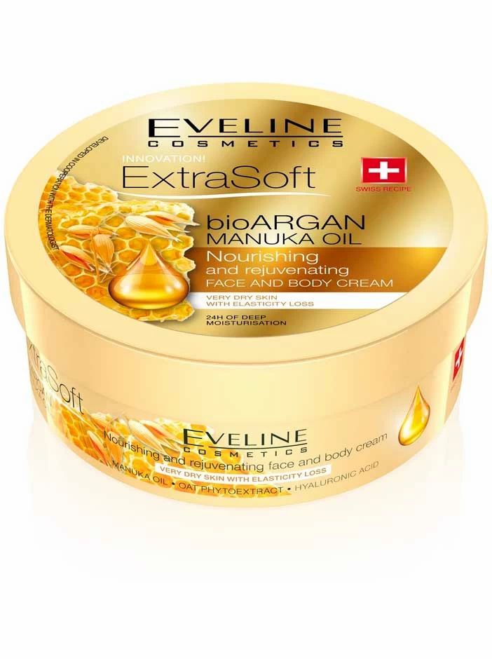 Runde Creme-Dose. Aufschrift: Eveline Cosmetics, ExtraSoft, bioArgan Manuka Oil. Schweizer Flagge. Für Gesicht und Körper.
