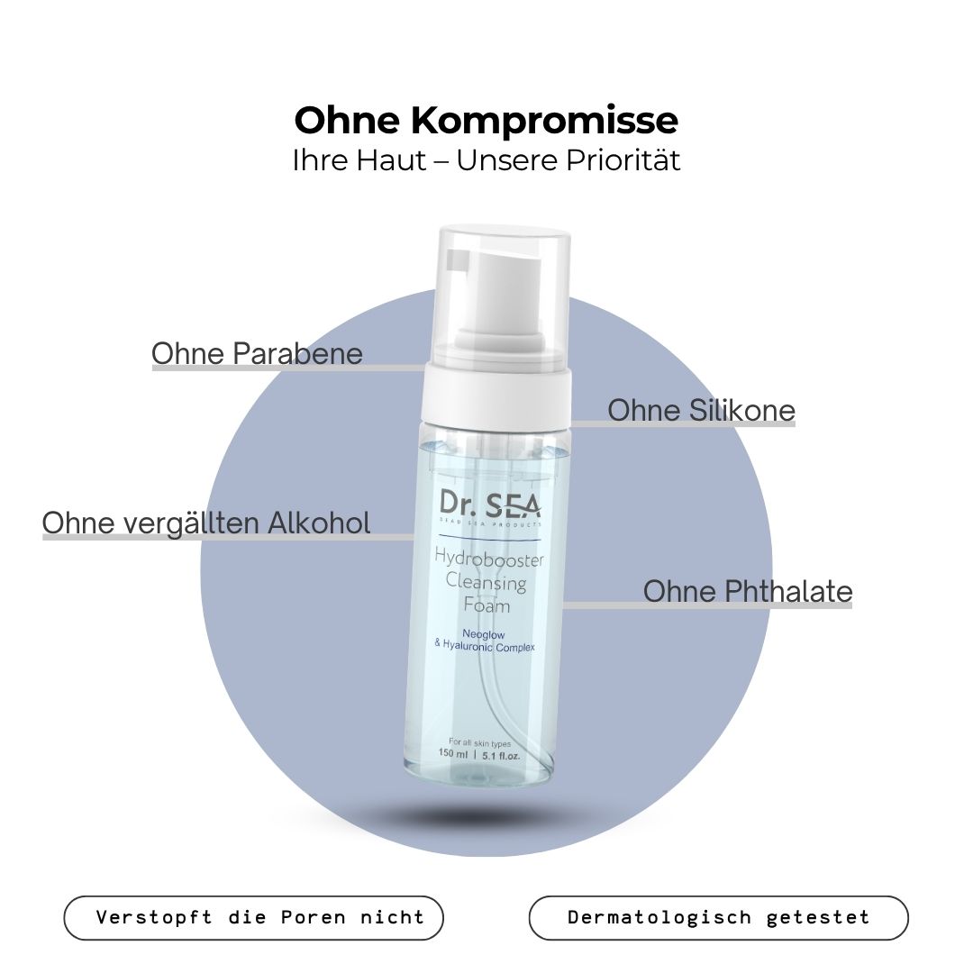 Produktflasche mit Text. Text: Ohne Kompromisse. Ohne Parabene, Silikone, vergällten Alkohol, Phthalate. Dermatologisch getestet.
