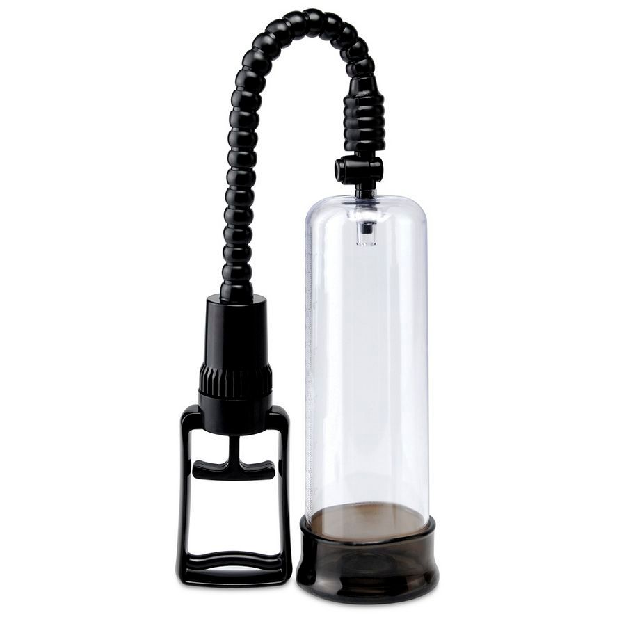 Transparente Pumpe mit schwarzem Griff, Schlauch und Kammer. Brauner Boden.