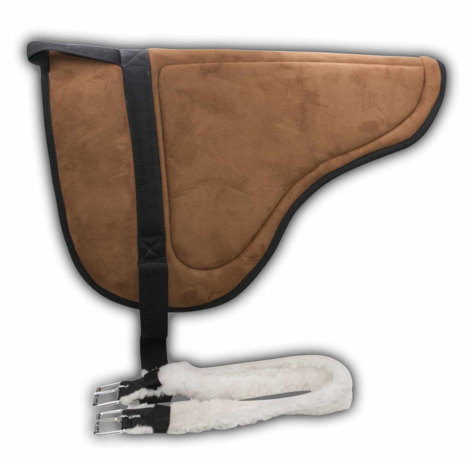 Brauner Leder-Bareback-Pad mit schwarzem Gurt und weißem Fell-Bauchgurt. Schwarze Umrandung.