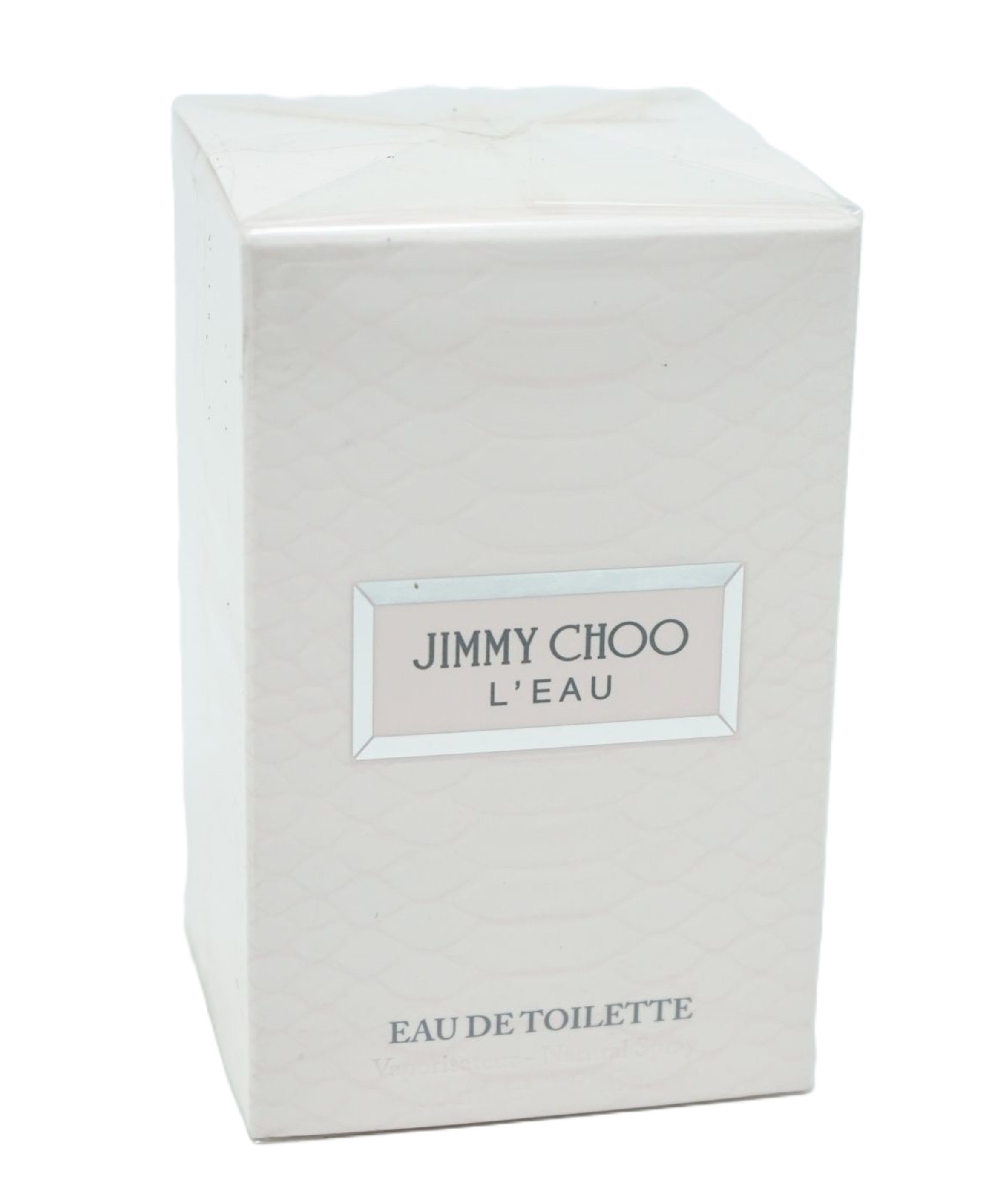 Verpackung von Jimmy Choo L'Eau Eau de Toilette. Rechteckige, weiße Schachtel mit Logo und Schriftzug.