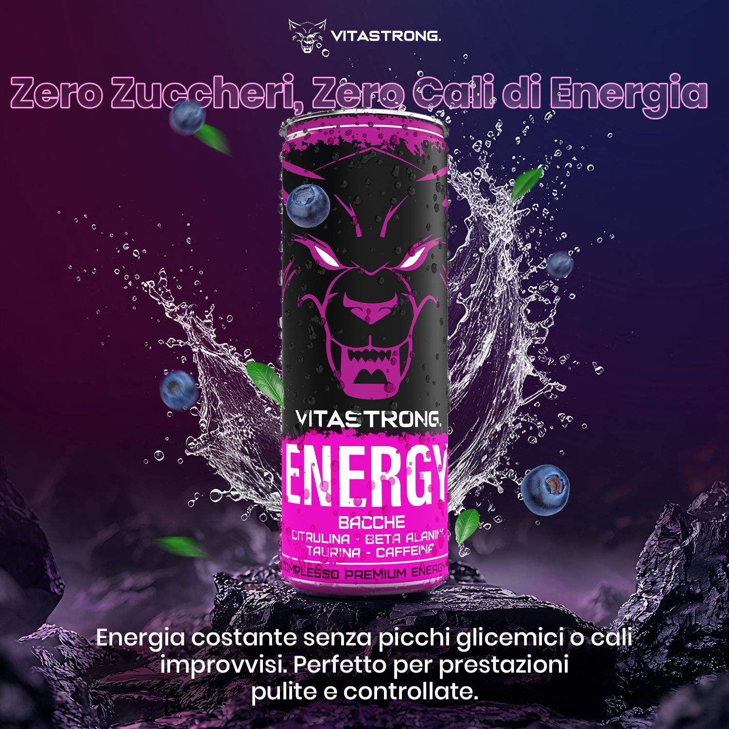 Vitastrong Energy Berries Dose, blaue Beeren, Text. Zero Zucker, Zero Kalorien, Energie.