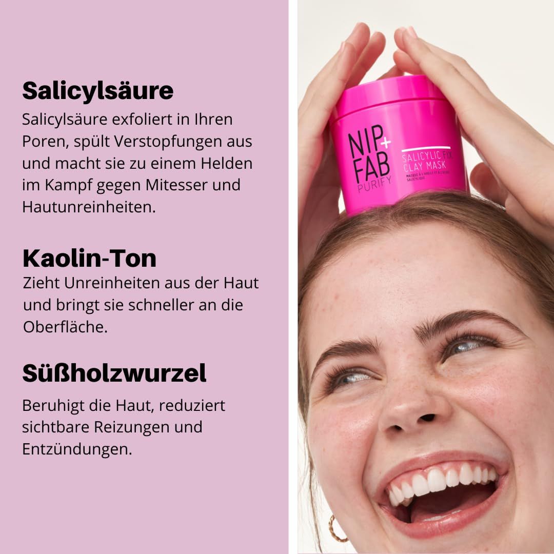 Frau hält rosa Tiegel. Text: Salicylsäure, Kaolin-Ton, Süßholzwurzel. Produktname nicht sichtbar.