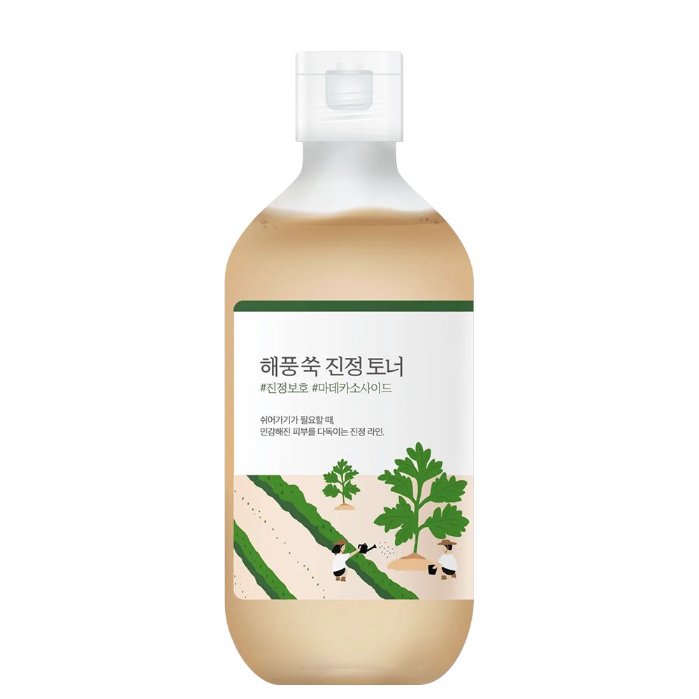 Flasche ROUND LAB Mugwort Calming Toner mit Etikett und grünen Pflanzenmotiven.